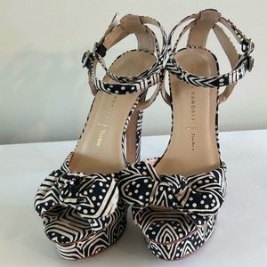 Loeffler Randal platform heels, Sz 7 with bow printed fabric/leather Black white